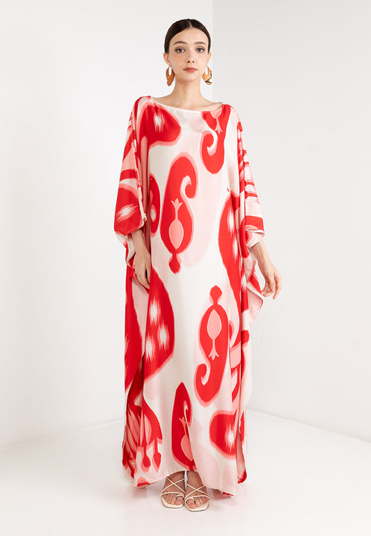 MYRA BOAT-NECK KAFTAN WITH FRONT BUTTON CLOSURE - RED