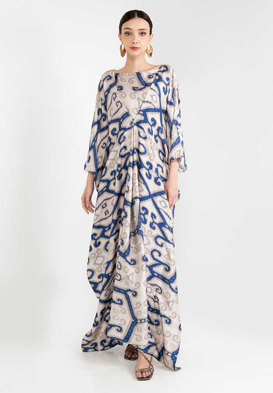 NITA BOAT-NECK KAFTAN WITH FRONT BUTTON CLOSURE - BLUE/CREME