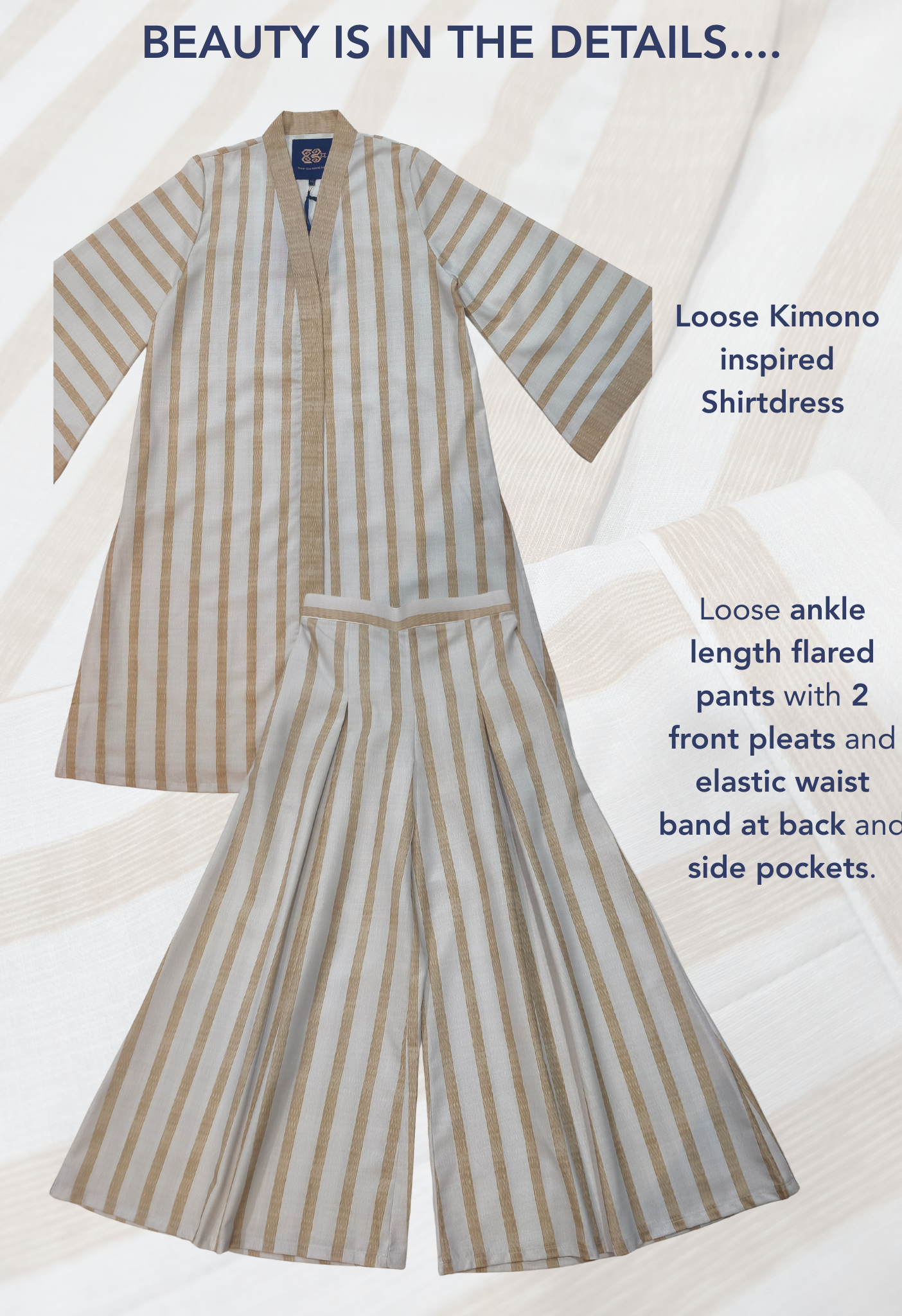 LINEN SHIRT DRESS SET in Beige Stripe