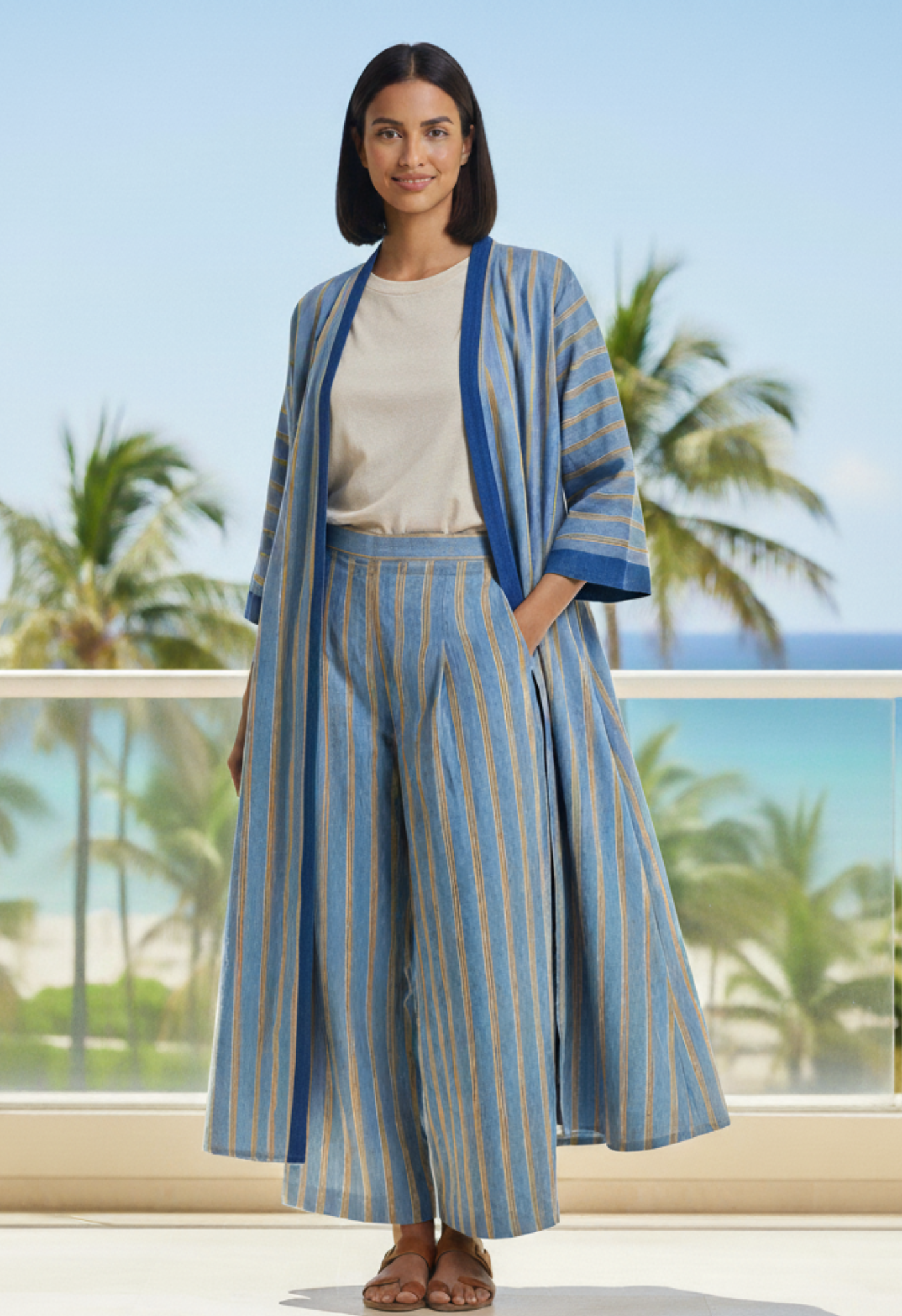 LINEN SHIRT DRESS SET in Blue Stripe