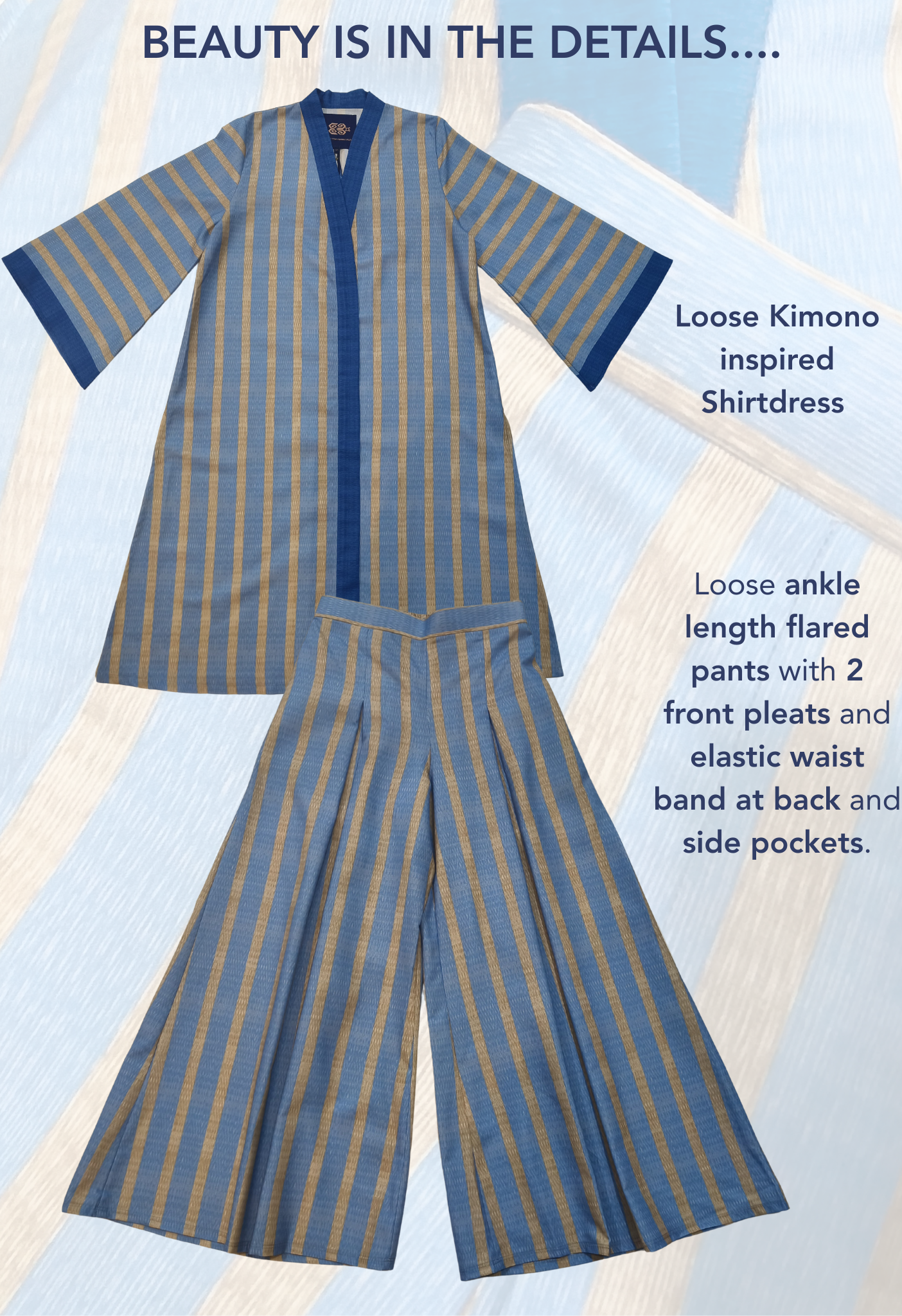 LINEN SHIRT DRESS SET in Blue Stripe