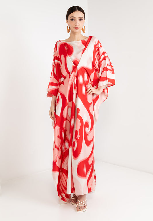 MYRA BOAT-NECK KAFTAN WITH FRONT BUTTON CLOSURE - RED