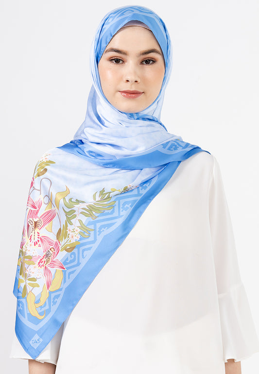 Angela Shawl - Light Blue with Coloured Orchid