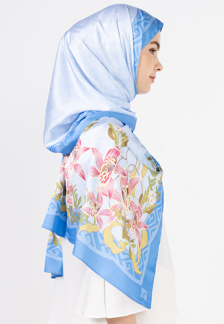 Angela Shawl - Light Blue with Coloured Orchid