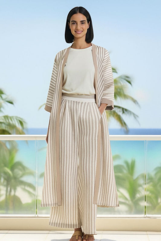 LINEN SHIRT DRESS SET in Beige Stripe