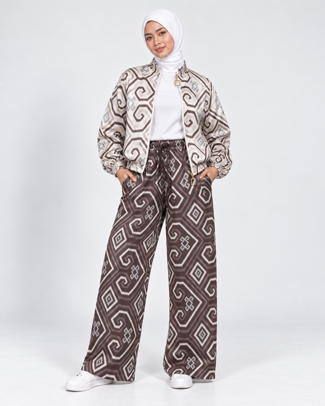 Mela Dotted Beige/Brown jacket by TAS, worn open